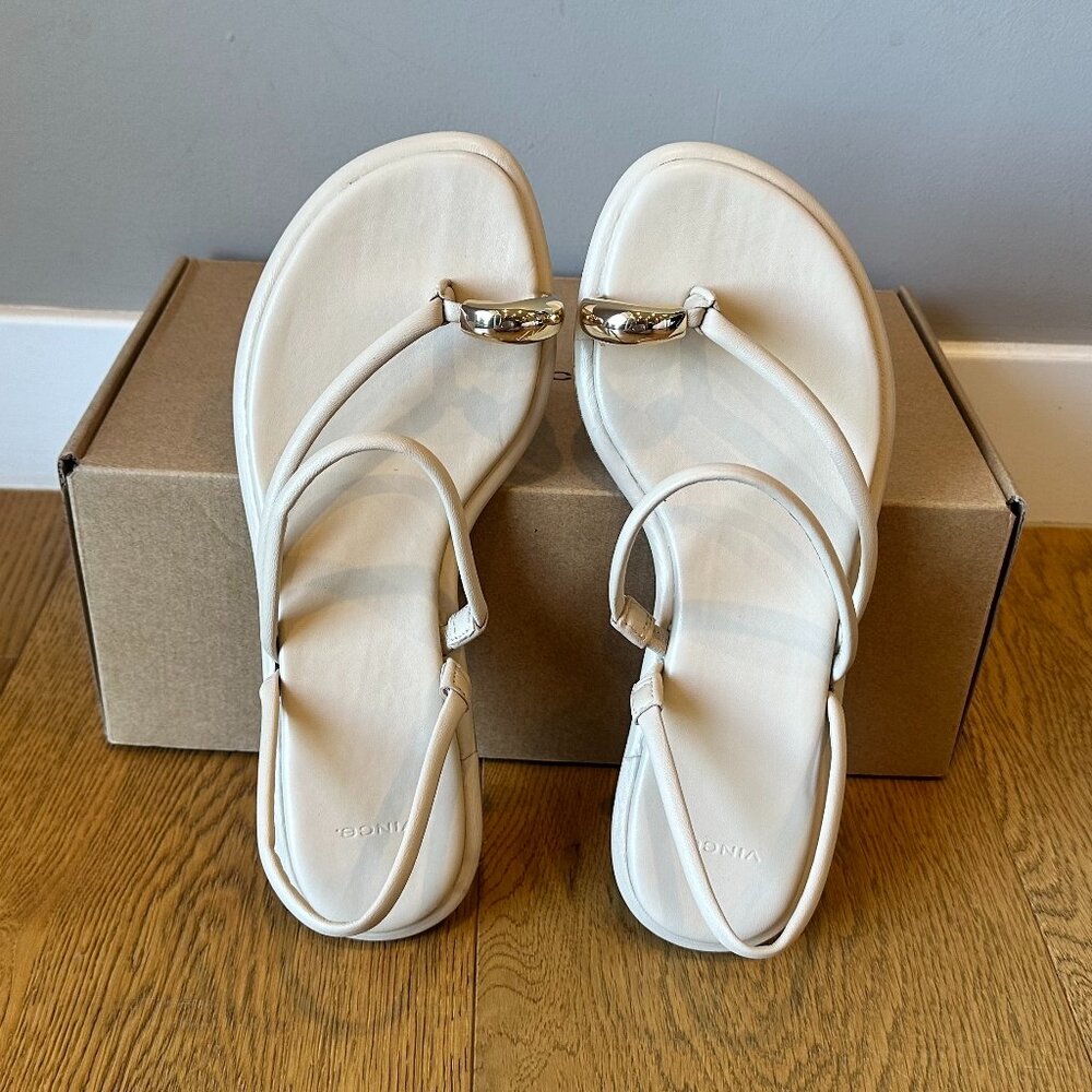 VINCE Lucile Leather Gold-Tone Toe-Ring Slingback Sandals (Birchsand) - Picture 7 of 16